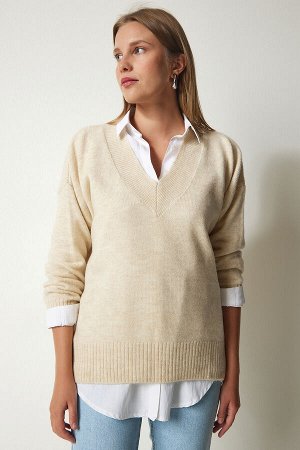 Женский бежевый вязаный свитер оверсайз с v-образным вырезом BV00003