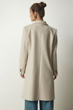 Женское кремовое двубортное пальто на пуговицах с воротником TO00114
