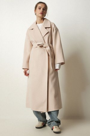 Женское бежевое шерстяное пальто премиум-класса с двубортным воротником и длинной строчкой FN03154