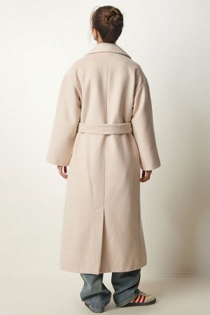 Женское бежевое шерстяное пальто премиум-класса с двубортным воротником и длинной строчкой FN03154