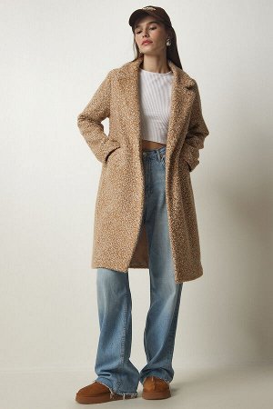 Женское бисквитное двубортное пальто-букле с воротником и карманами DD01273