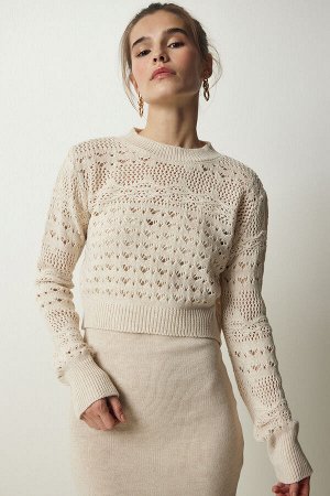 Женское кремовое ажурное платье-свитер трикотажный костюм MT00145