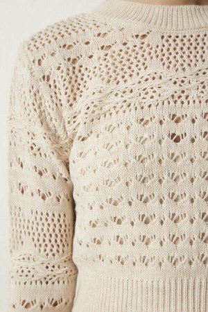 Женское кремовое ажурное платье-свитер трикотажный костюм MT00145