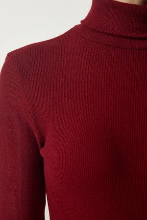 Женская вельветовая трикотажная блузка бордового цвета с высоким воротником HJ00008