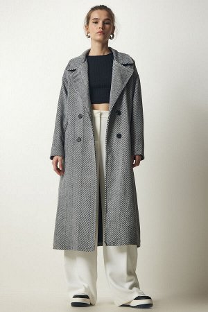 Женское черно-белое двубортное пальто с узором «елочка» DD01276