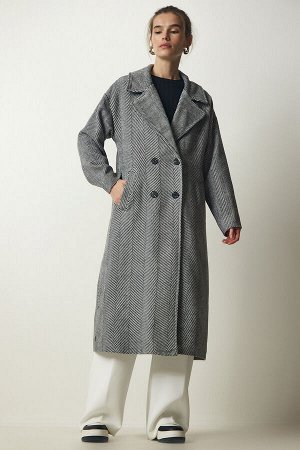 Женское черно-белое двубортное пальто с узором «елочка» DD01276