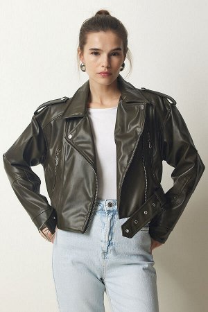 Женская куртка цвета хаки премиум-класса из искусственной кожи с поясом FN03149