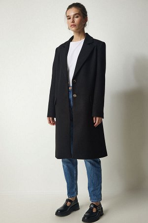Женское черное двубортное пальто на пуговицах с воротником TO00114