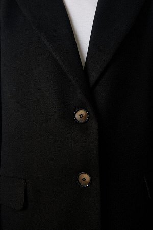 Женское черное двубортное пальто на пуговицах с воротником TO00114