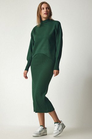 Женское темно-зеленое вязаное платье-свитер на шнуровке KG00006
