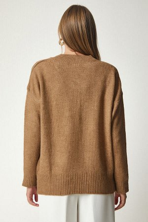 Женский вязаный свитер оверсайз с v-образным вырезом бисквитного цвета BV00003