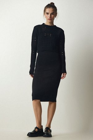 Женское черное ажурное платье-свитер трикотажный костюм MT00145