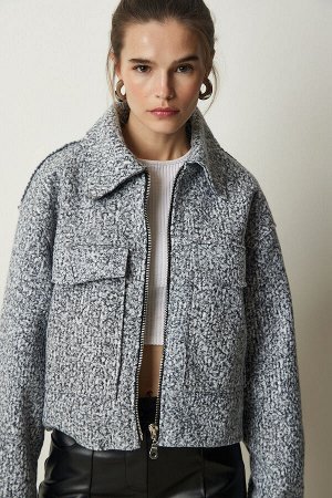 Женское серое меланжевое пальто-букле с широкими карманами FN03146