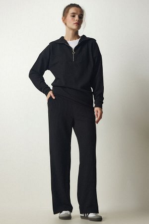 Женский комплект из черной вельветовой трикотажной блузки и брюк EW00004