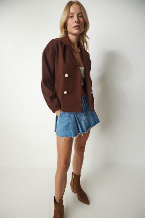 Женская коричневая пришитая куртка на металлических пуговицах DD01258