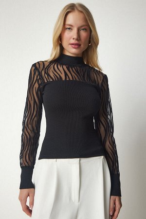 Женская черная трикотажная блузка из тюля в рубчик HJ00005