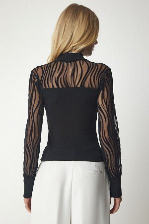 Женская черная трикотажная блузка из тюля в рубчик HJ00005