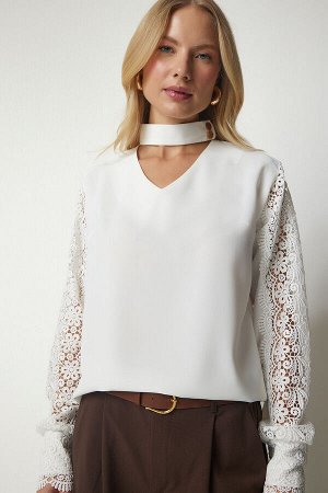 Женская стильная блузка с рукавами экрю и гипюром TO00092