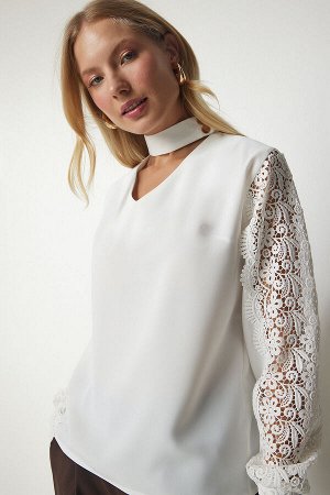 Женская стильная блузка с рукавами экрю и гипюром TO00092