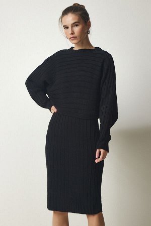 Женский черный вельветовый трикотажный костюм-свитер-платье CI00095