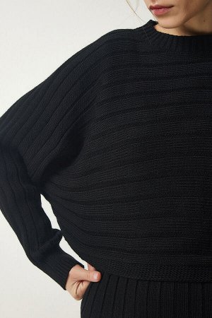 Женский черный вельветовый трикотажный костюм-свитер-платье CI00095