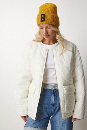 Женское двустороннее стеганое пальто кремового цвета экрю DZ00097