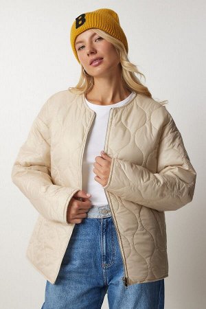 Женское двустороннее стеганое пальто кремового цвета экрю DZ00097