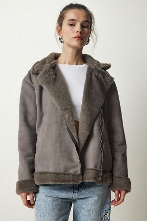 Женское серое пальто из нубука из овчины RV00155
