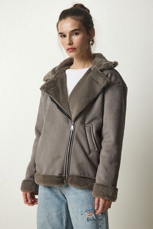 Женское серое пальто из нубука из овчины RV00155