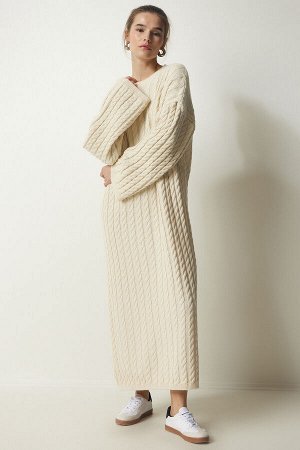 Женское кремовое трикотажное платье из плотного трикотажа большого размера с детальной отделкой YY00184