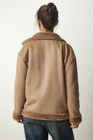 Женское бежевое меховое пальто из нубука RV00155