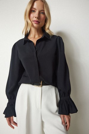 Женская черная плиссированная тканая рубашка с объемными рукавами TO00095