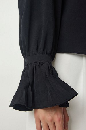 Женская черная плиссированная тканая рубашка с объемными рукавами TO00095