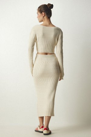 Женский кремовый укороченный трикотаж в рубчик, комплект с юбкой-свитером YY00190