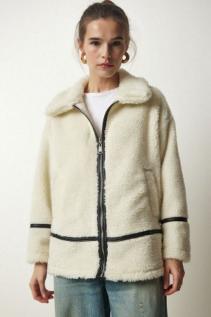 Женское кожаное плюшевое пальто цвета экрю DD01277
