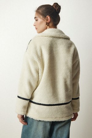 Женское кожаное плюшевое пальто цвета экрю DD01277