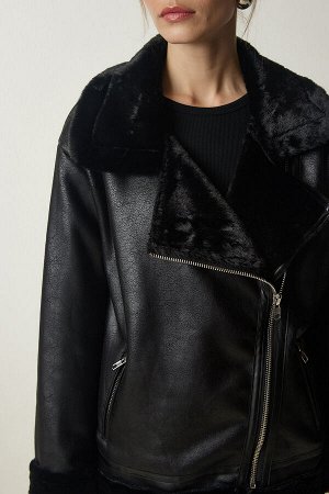 Женское черное пальто из искусственной кожи премиум-класса из овчины FN03161