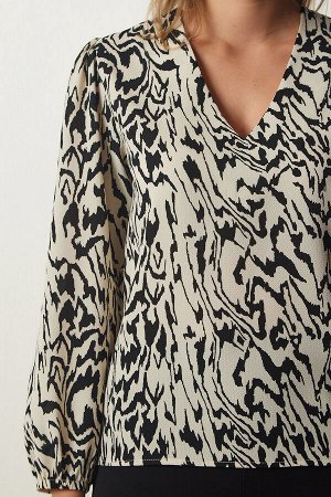Женская кремово-черная блузка Airobin с v-образным вырезом и рисунком UB00204
