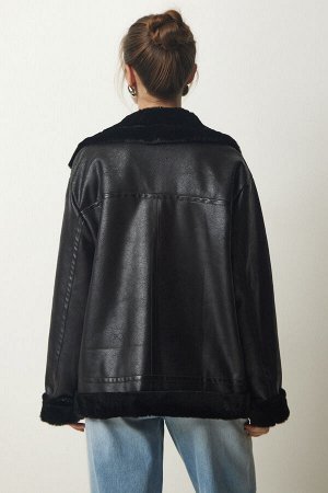 Женское черное пальто из искусственной кожи премиум-класса из овчины FN03161