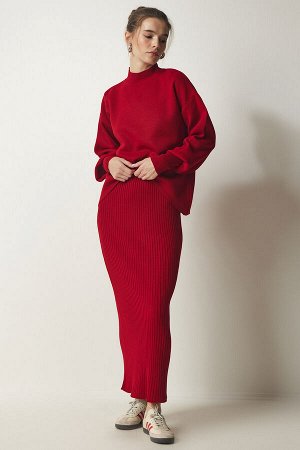 Женское красное трикотажное платье-свитер в рубчик KG00006