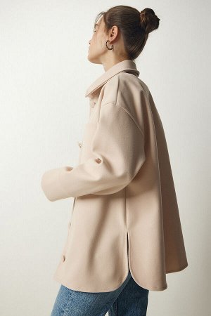 Женская кремовая прошитая куртка на пуговицах премиум-класса с покрытием FN03162