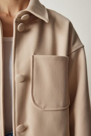 happinessistanbul Женская кремовая куртка на пуговицах с премиальным покрытием FN03162