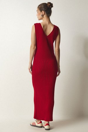 Женское красное трикотажное платье-свитер в рубчик KG00006