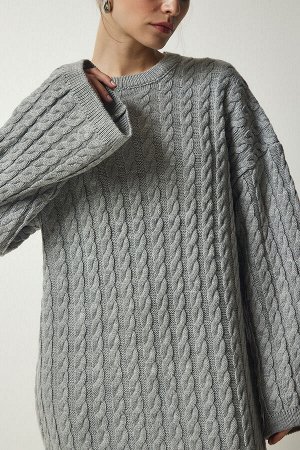Женское серое вязаное плотное трикотажное платье большого размера с детальной отделкой YY00184