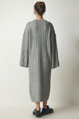 Женское серое вязаное плотное трикотажное платье большого размера с детальной отделкой YY00184