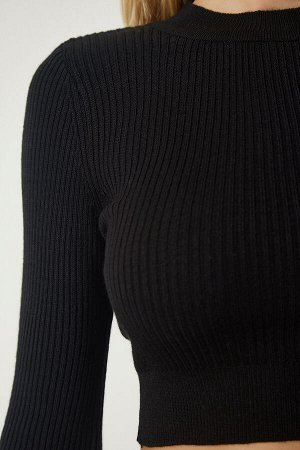 Женский черный костюм с укороченной юбкой из трикотажа в рубчик K_00106