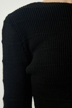 Женский черный укороченный трикотаж в рубчик, костюм-свитер с юбкой YY00190