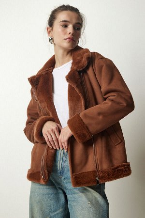 Женское коричневое пальто из нубука из овчины RV00155