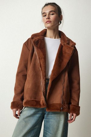 Женское коричневое пальто из нубука из овчины RV00155