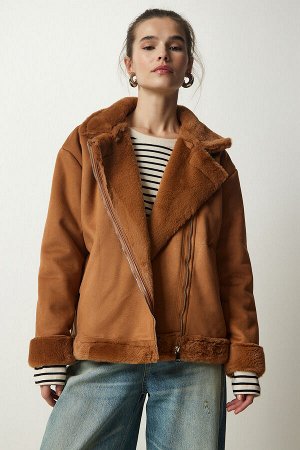Женское светло-коричневое пальто из меха нубука RV00155